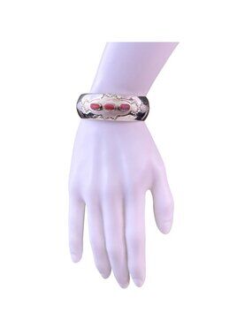 Sterling Silver Womens Coral Inlay Navajo Vintage Cuff Bracelet Handcrafted